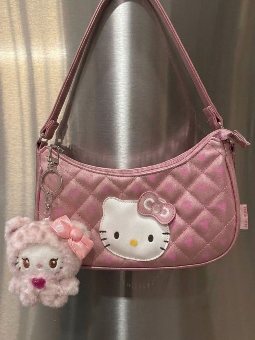 Vintage Sanrio Hello Kitty Shoulder Bag Metallic Pink Quilted Purse w Charm